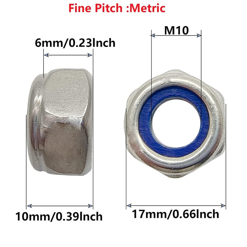 DGZ 5 Pcs M10 x 1.0mm Metric Fine Thread Nylon Insert Lock Nut, 304 Stainless Steel Non-Slip Self-Locking Nut - Image 2